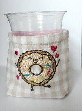 Embroidered Donut Cup Sleeve in Beige Gingham